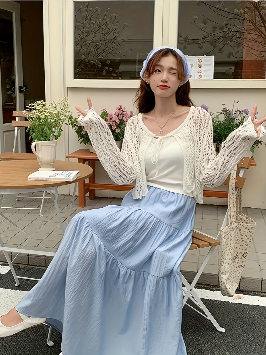 High-Waisted Skirt Elegant Casual A-Line Layered Skirt Spring And Summer Women'S Clothing Sweet Pink Long Pleated Cake Skirt - Light Blue