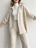 F009 Women's Relaxed Loose-Fit Shirt with No Headscarf, Drawstring Capri Pants, Comfortable Wide-Leg Pants Set for Early Morning Commutes - Apricot