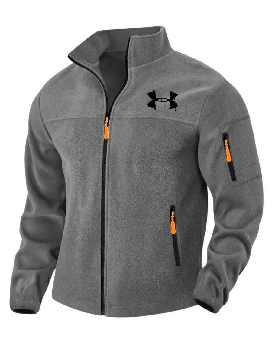 Men'S Autumn Winter Trendy Fleece Jacket, All-Match Style with Multiple Pockets, Casual Commute Top, New Men'S Techwear Stand-Collar Jacket with Full Zipper, Fashionable Print Top - Dark Gray