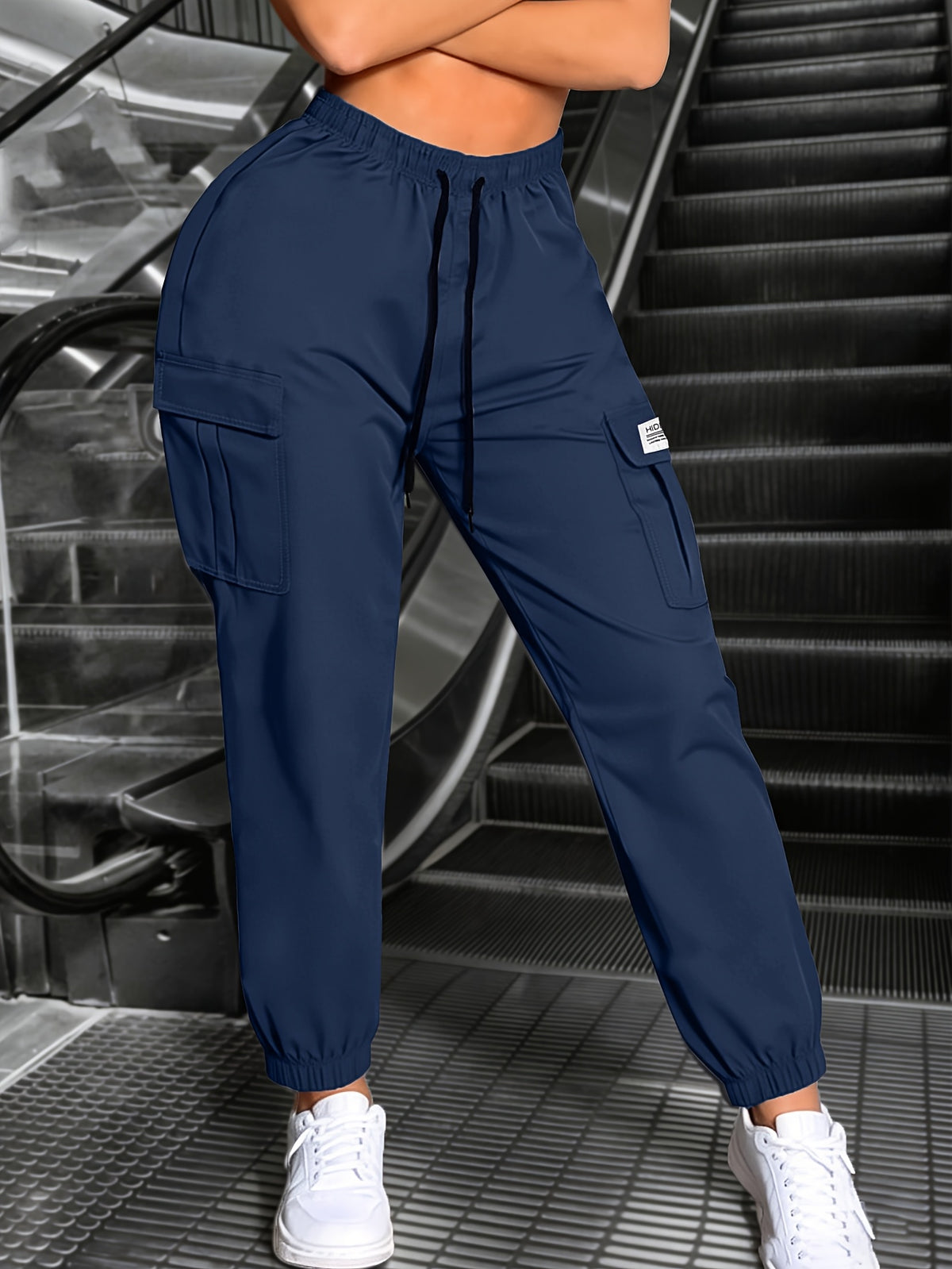 New Spring/Autumn Women's Long Pants, Solid Color Comfortable and Breathable Cargo Pants with Elastic Waistband, Drawstring, Large Pockets, Street Style Pants for Daily Outings and Outdoor Wear - Blue