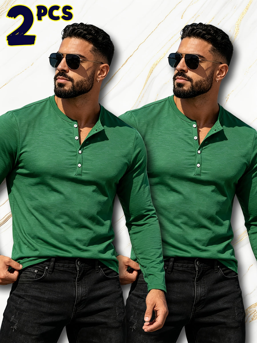 2pcs New Men's Fashionable Sporty Long-Sleeve Pure Cotton Henley Button-Up Shirt, Spring/Autumn Casual, Comfortable, Soft, Trendy, Simple, High-End, Versatile, and Refreshing - Mix color 5