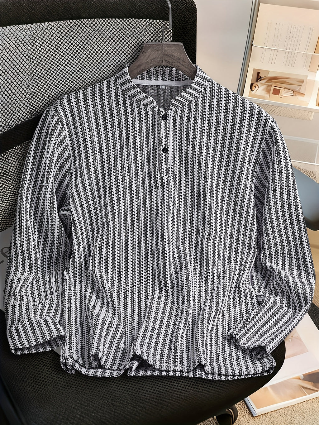 Men's Fashion Solid Color V-Neck Henley Shirt, Machine Washable, Not  Cleanable, Durable Fabric - Black And White Color