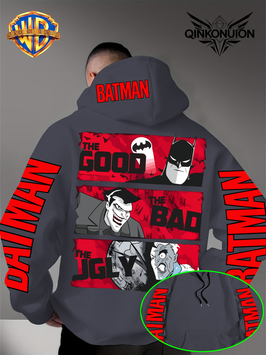 Warner Official Men's Hoodie, Red Bottom Three Grid Comic Batman Joker Character Print Design, Machine Washable, Warm and Casual for Autumn and Winter, Daily Drawstring Hoodie, Multi Functional Sports and Leisure Loose Version - Dark Gray