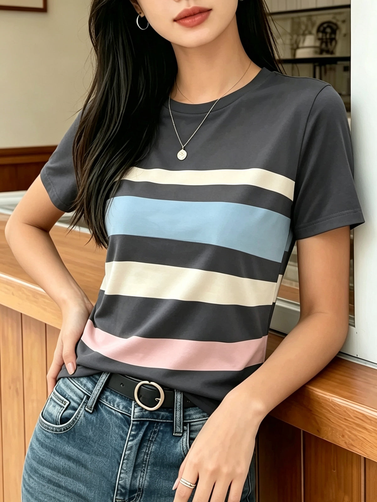 [Printed Design Texture] Women'S Korean-Style Blogger'S Colorful Striped T-Shirt, a Versatile Basic Short-Sleeve Top That Flatters The Figure And Is Suitable for All Body Types, a New Summer 2026 Model for Commuting And Casual Wear - Mixed Color 9