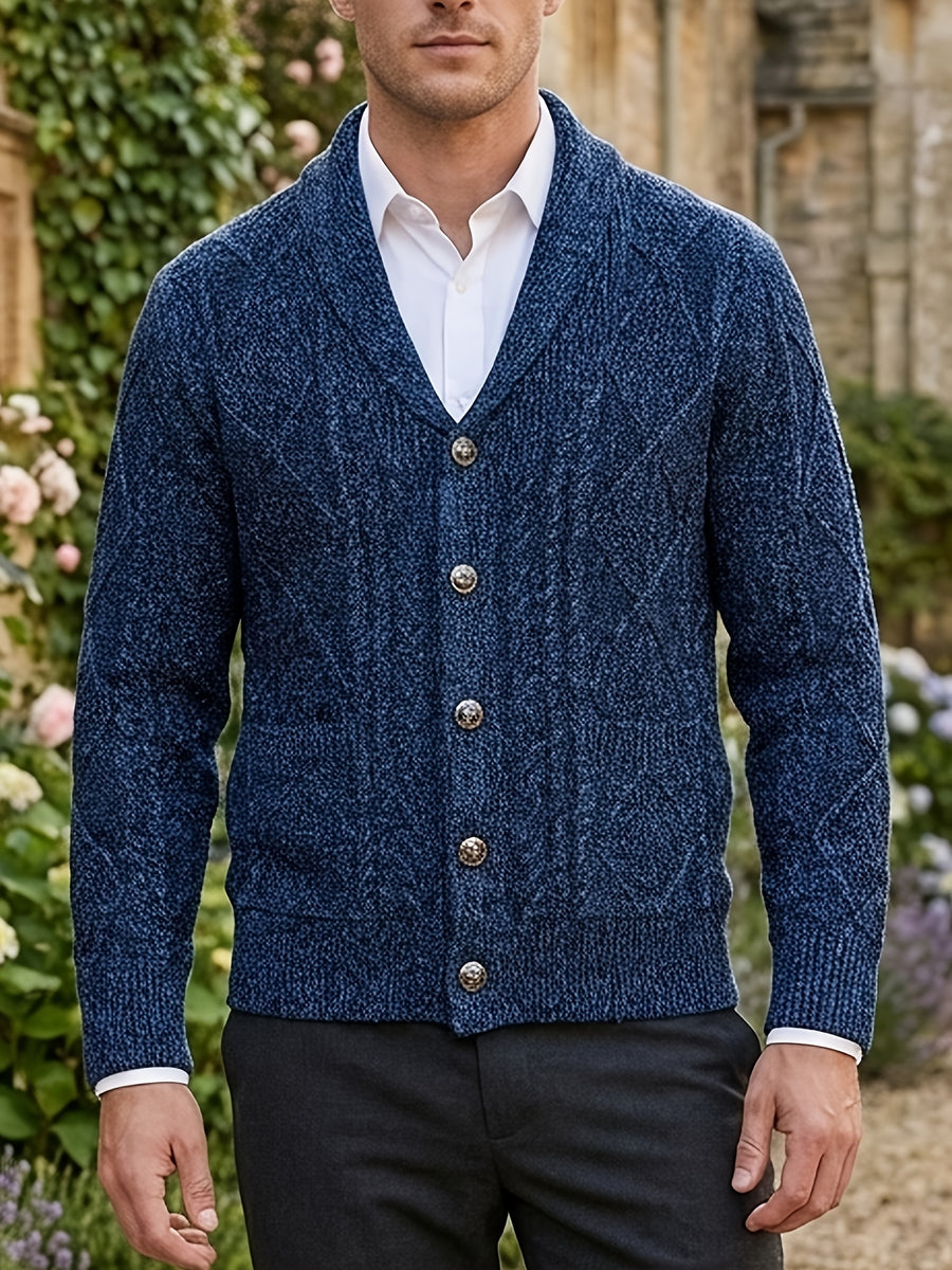 Men's Knitted Cardigan Button-Up Knit Outerwear, Fashionable Casual Sporty Knitted Long-Sleeve Autumn/Winter Thickened Warm Knitted Garment, Cable Knit Construction, Casual Style Sweater with Button-Up Cardigan, Long Sleeves, Regular Fit - Navy Color