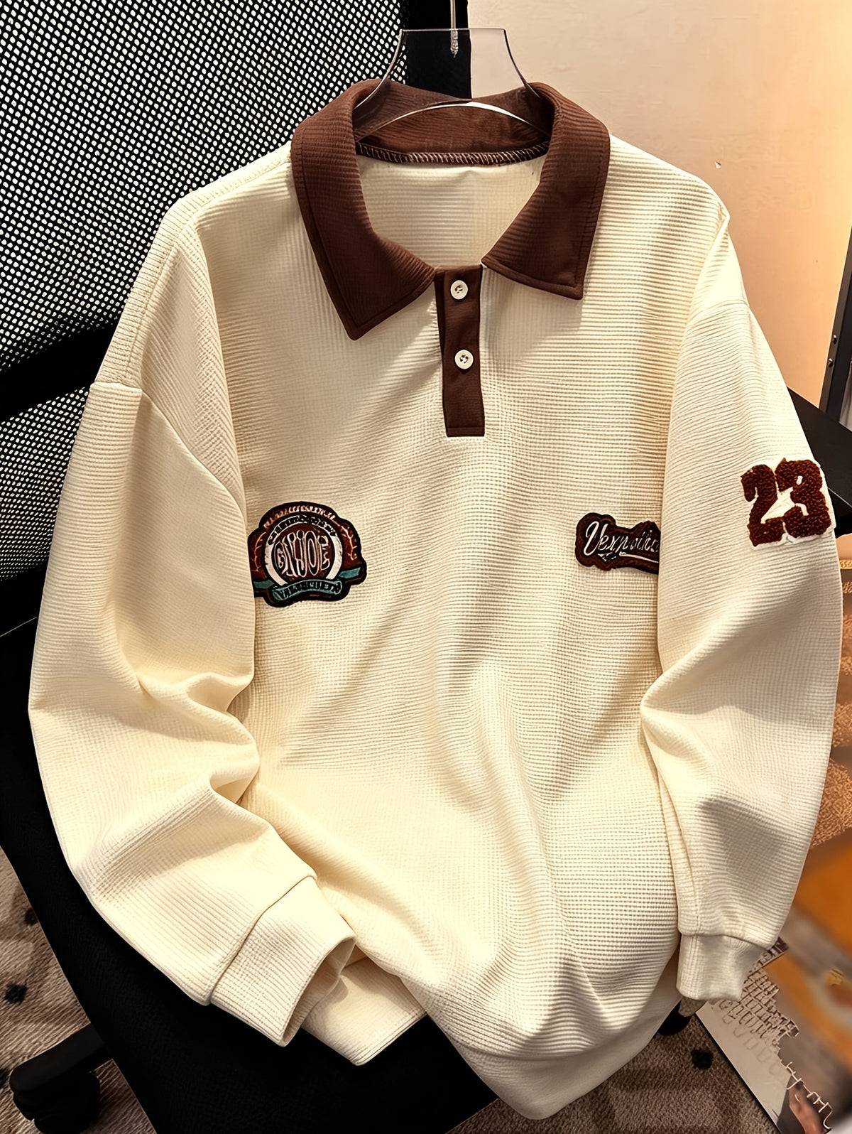 Preppy Checkered Polo Shirt Men'S Trendy Ins Spring Autumn College Style Design Niche Couple All-Match Lapel Long Sleeve T-Shirt in Stock - Apricot