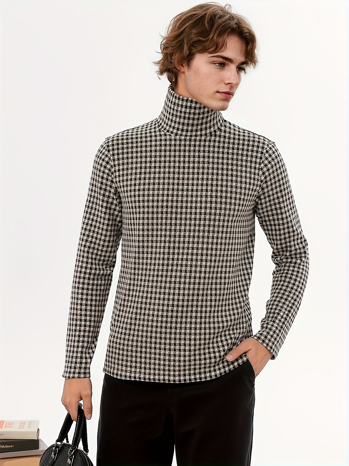 Nordic Vintage High-Neck Plaid Long-Sleeve T-Shirt for Men, Thickened for Autumn And, Soft And Warm, with a Luxurious Feel, Perfect As a Base Layer for Trendy Couples And Youth - Kakag