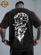 WB Warner Bros. Official License, American Dark Punk Hand-Drawn Creation, Classic Joker Quote with Bat Elements Retro Atmosphere T-Shirt, Men'S Loose Retro Street Casual Short Sleeve Top - Black