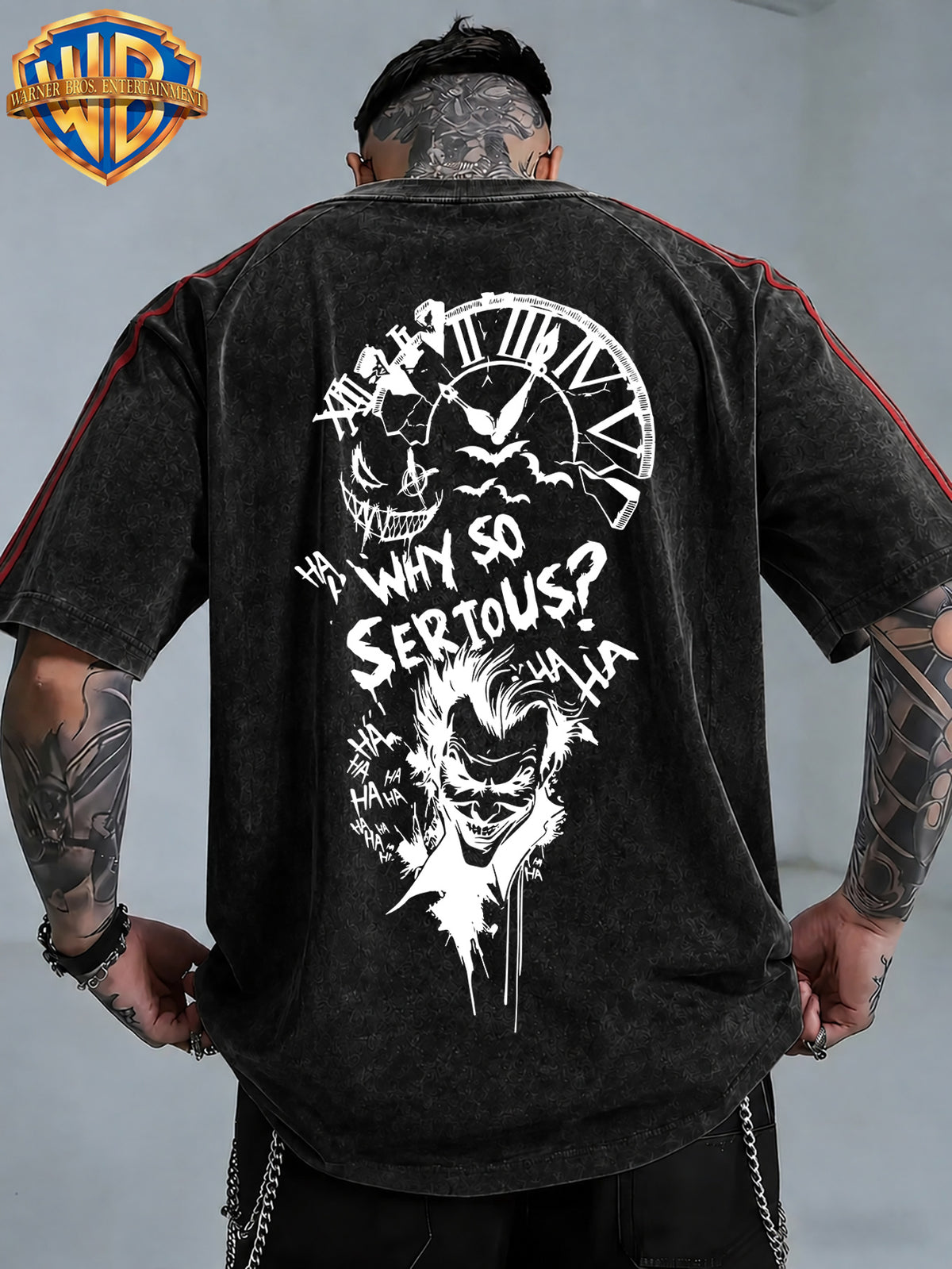 WB Warner Bros. Official License, American Dark Punk Hand-Drawn Creation, Classic Joker Quote with Bat Elements Retro Atmosphere T-Shirt, Men'S Loose Retro Street Casual Short Sleeve Top - Black