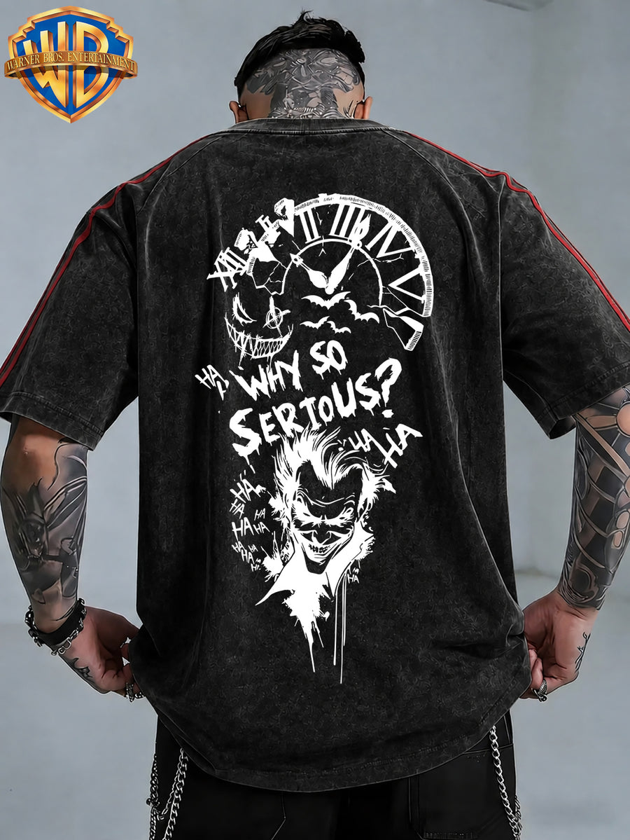 WB Warner Bros. Official License, American Dark Punk Hand-Drawn Creation, Classic Joker Quote with Bat Elements Retro Atmosphere T-Shirt, Men'S Loose Retro Street Casual Short Sleeve Top - Black