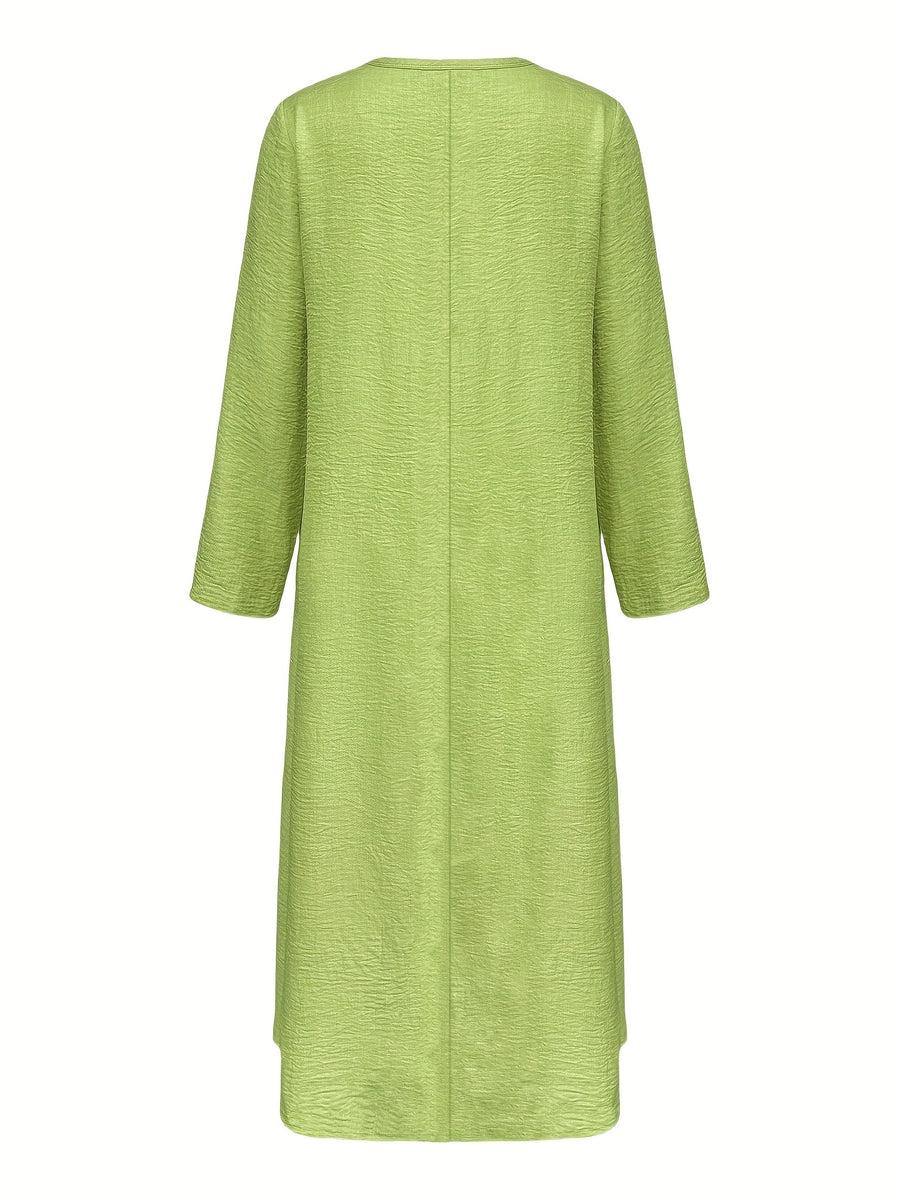 Women's Casual V-Neck Long Sleeve Solid Color A-Line Loose Fit Maxi Dress - Green