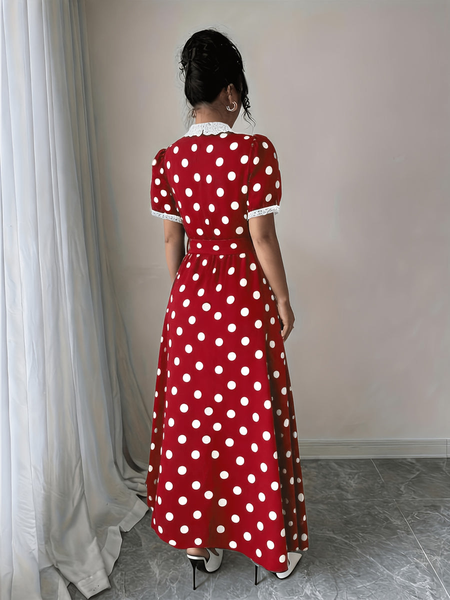 Elegant Lace-trimmed Polka Dot Color-block Long Dress with Waist Tie for a Fit - Burgundy