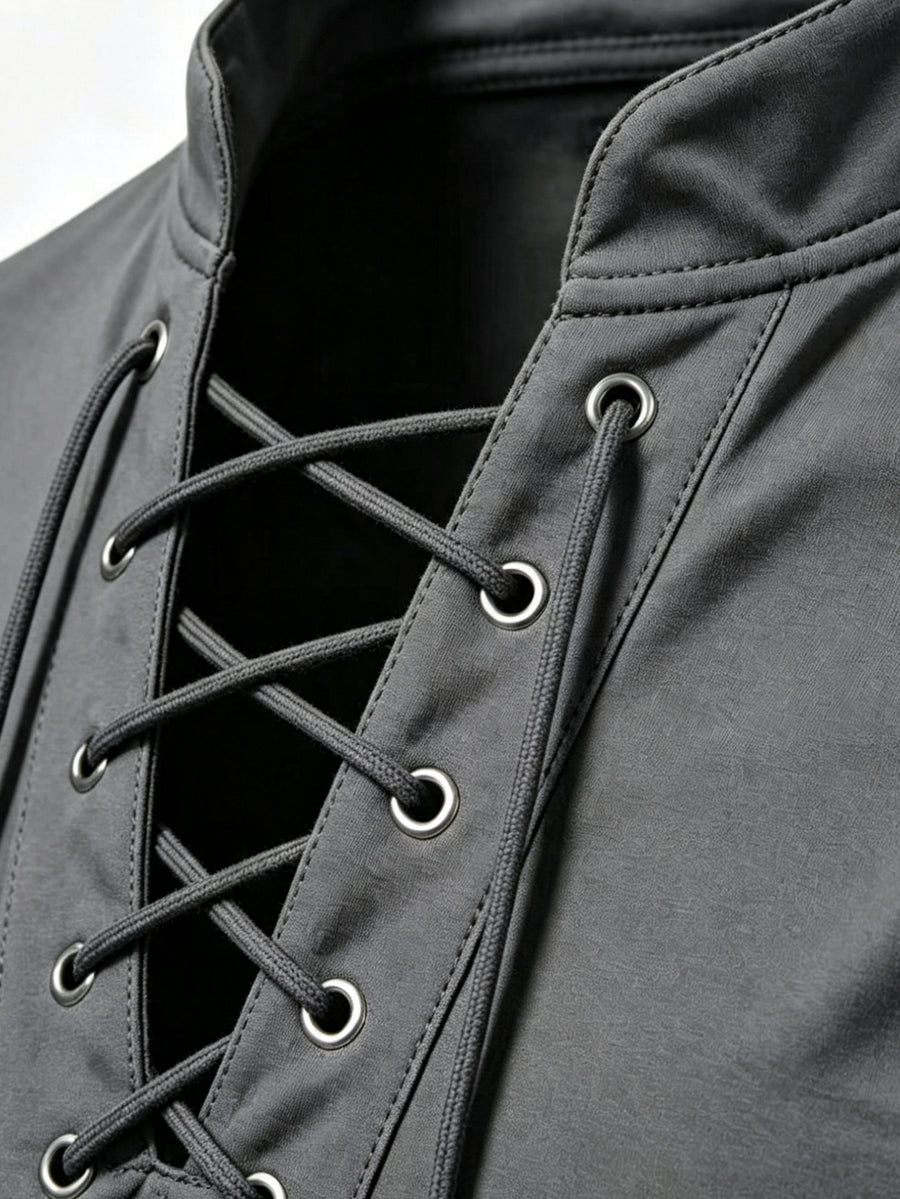 2026 New Men'S Casual Outdoor Tie-Neck Polo Shirt - K, Long Sleeve for All Seasons, Button-Less Design with Cross Drawstring, Stand Collar, Breathable And Comfortable, Quick-Dry - Dark Gray