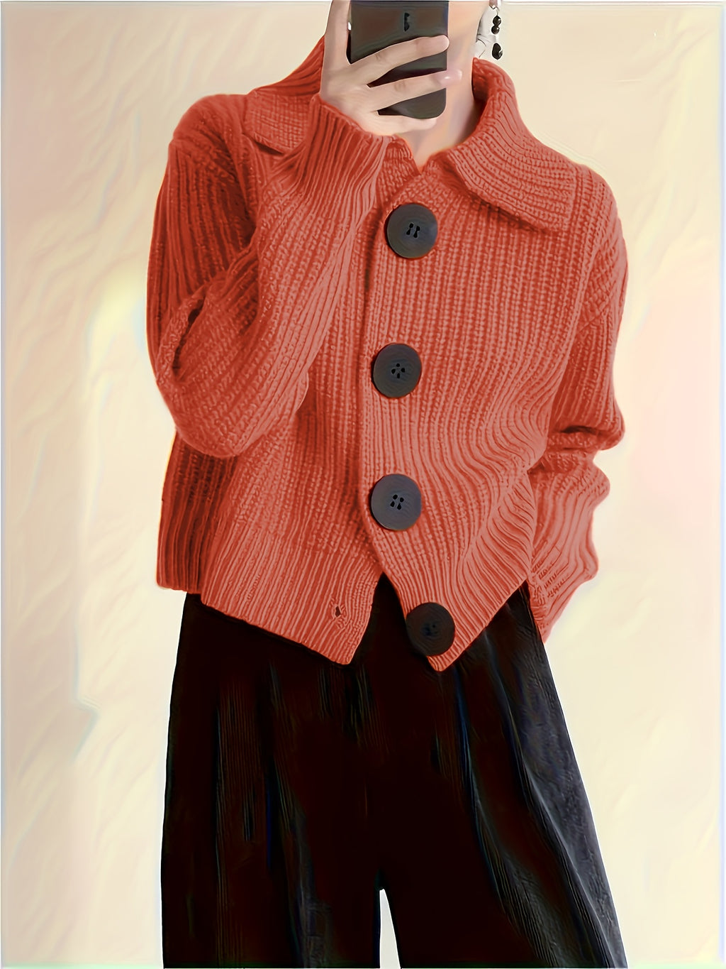 Solid Color Button-Front Cardigan, Korean Style Short Outerwear, Elegant for Vacation, Daily Commute - Coral