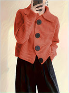 Solid Color Button-Front Cardigan, Korean Style Short Outerwear, Elegant for Vacation, Daily Commute - Coral