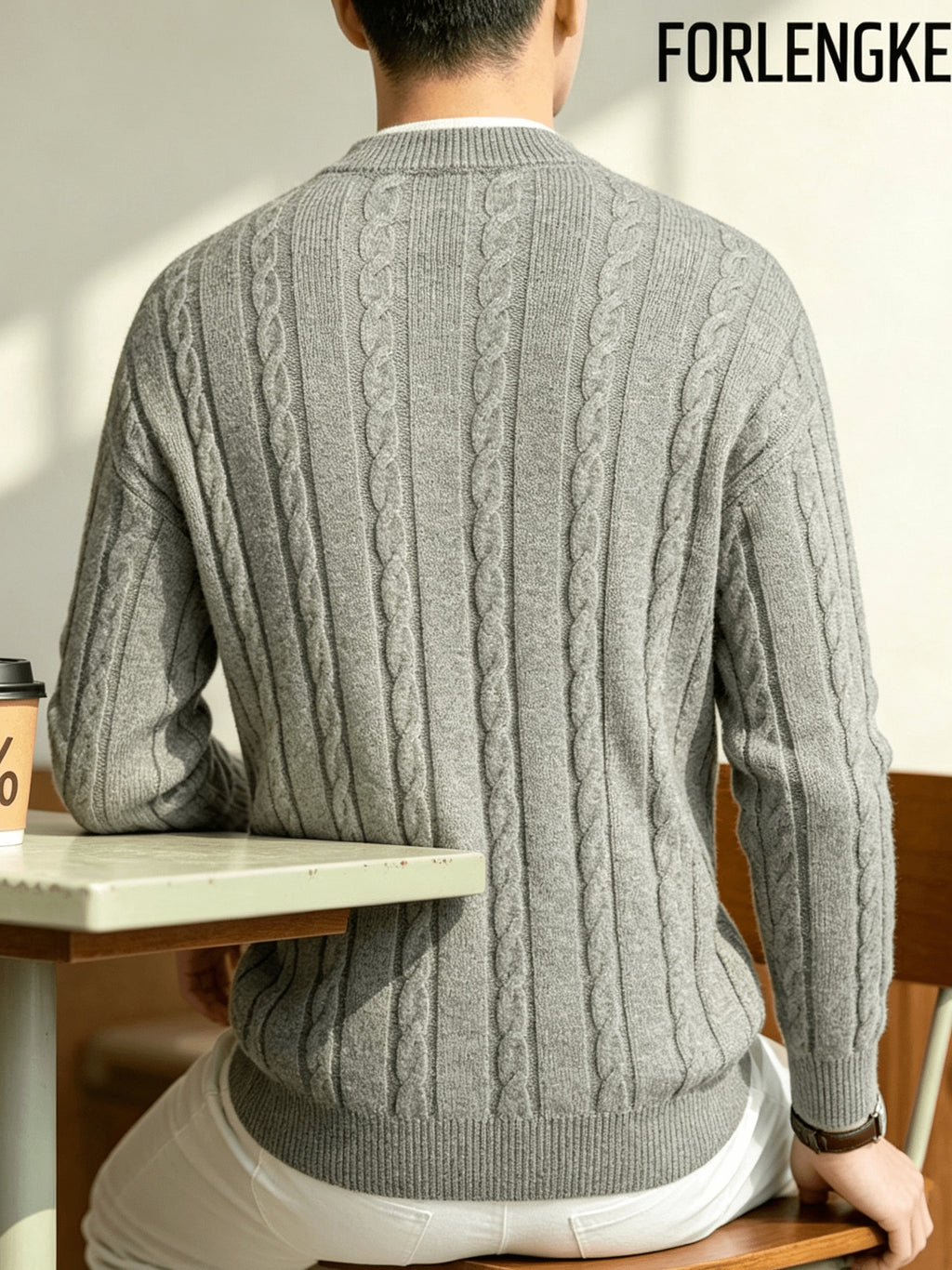 FORLENGKE Autumn and Winter Men's Henry Collar Cable Knit Sweater with a Vintage 3D Twist Texture, Half-High Neck Long Sleeve Pullover, Exquisite Half-Button Design, Perfect for Casual Layering or Wearing Alone for Everyday Outings or Dates - Apricot