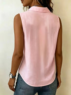 Pleated Design Statement Sleeveless Shirt, Women'S Lapel V-Neck Loose All-Match Summer Commute Top - pink