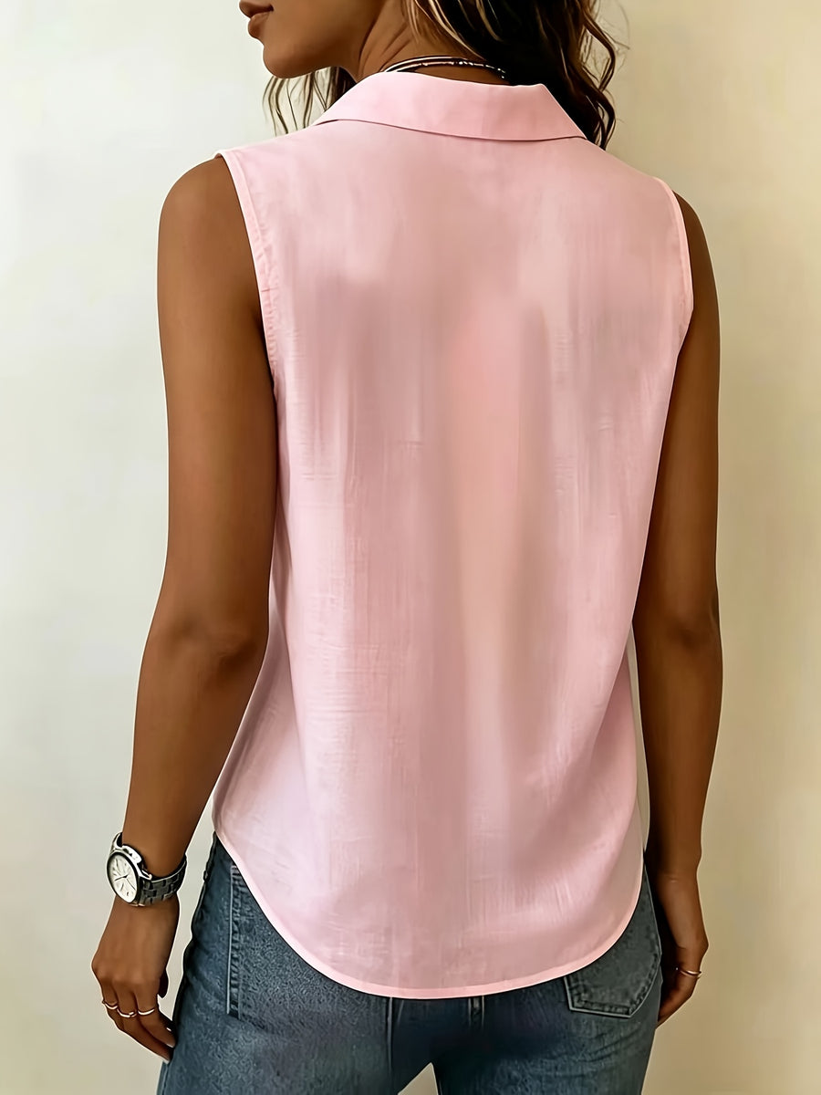 Pleated Design Statement Sleeveless Shirt, Women'S Lapel V-Neck Loose All-Match Summer Commute Top - pink