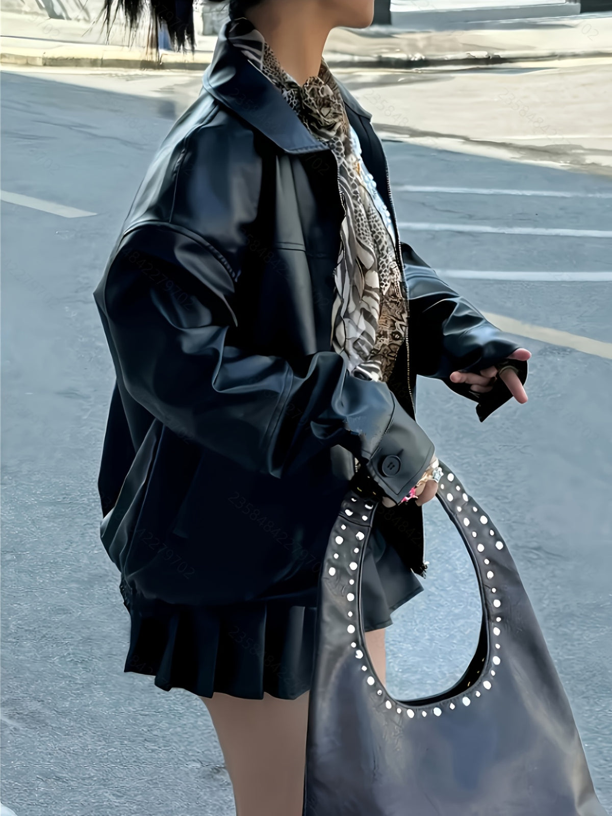 Women'S Avant-Garde Casual Lapel Loose Long-Sleeve Faux Leather Jacket - Black