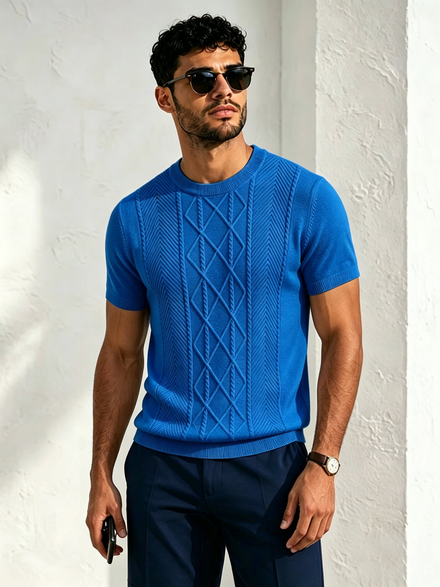 New Men S Solid Diamond-pattern Crew Neck Knit Short Sleeve Top for Casual & Sport Looks, Wearable in Spring, Fall and Winter as Standalone Outfit or Base Layer. Ultra-soft High-grade Fabric, Safe to Wear Next to Skin. - Royal Blue