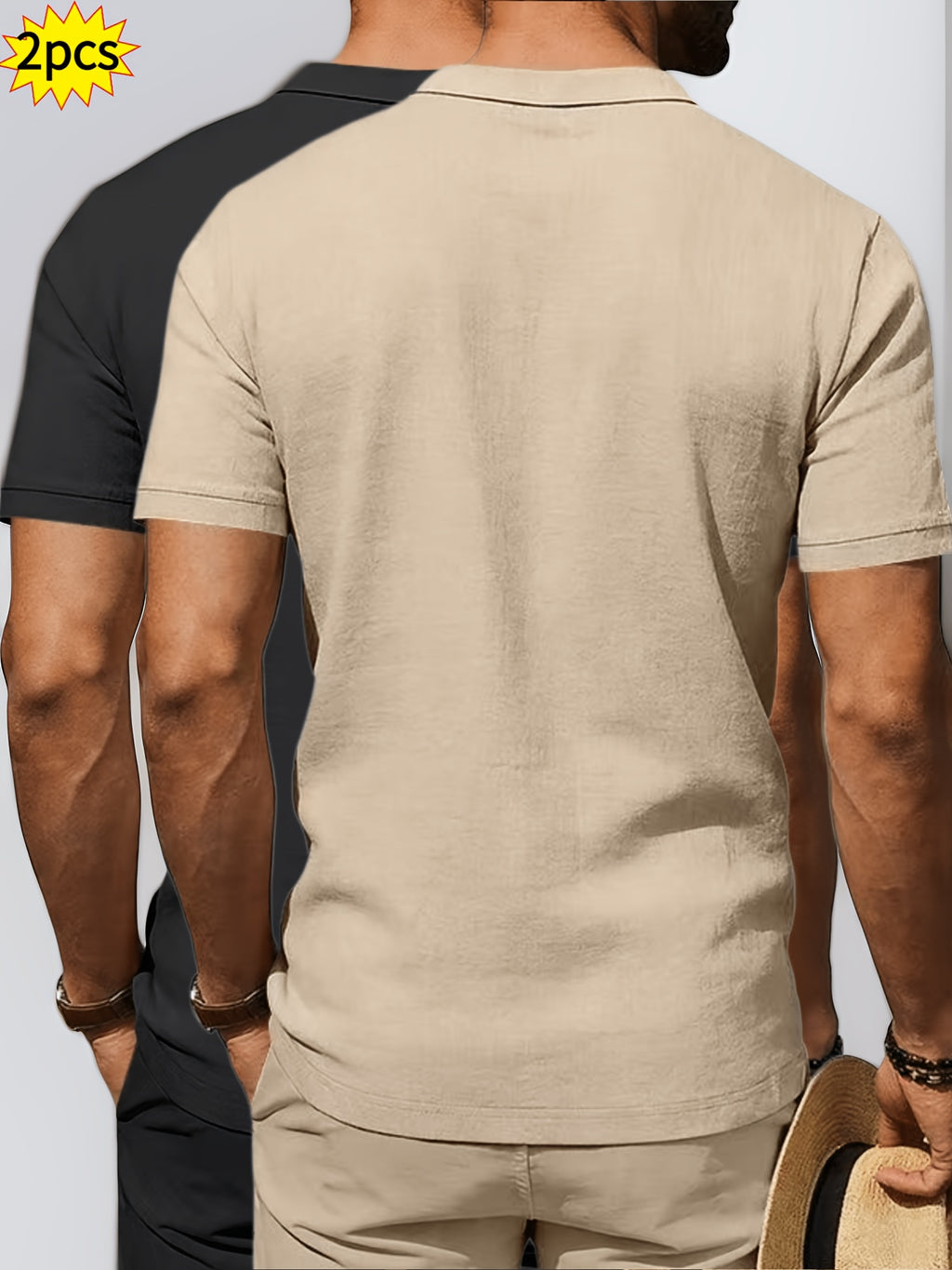 2pcs Summer Cooling Linen Polo Shirt Set, Men'S Breathable Solid Casual Shirts - Khaki+Black