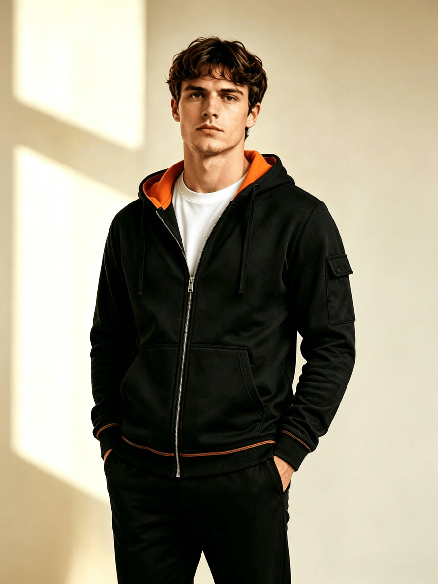 Men's Full Zip Hoodie, Contrast Color Hooded Sweatshirt with Cargo Pockets, Casual, Comfortable, Versatile Fall Winter Jacket - Black