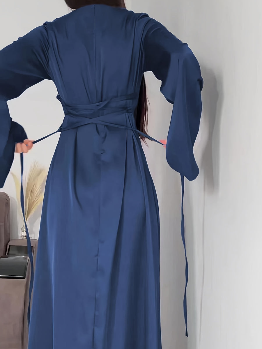Women'S Elegant Temperament Long Back-Tie Long Sleeve Dress - Navy Color