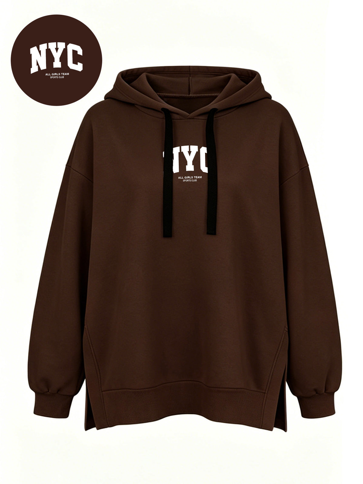 Women' S Fashion Hooded Sweatshirt for Autumn and Winter- Pattern Print Design, Side Slit Design, Hooded Sweatshirt - Dark Brown