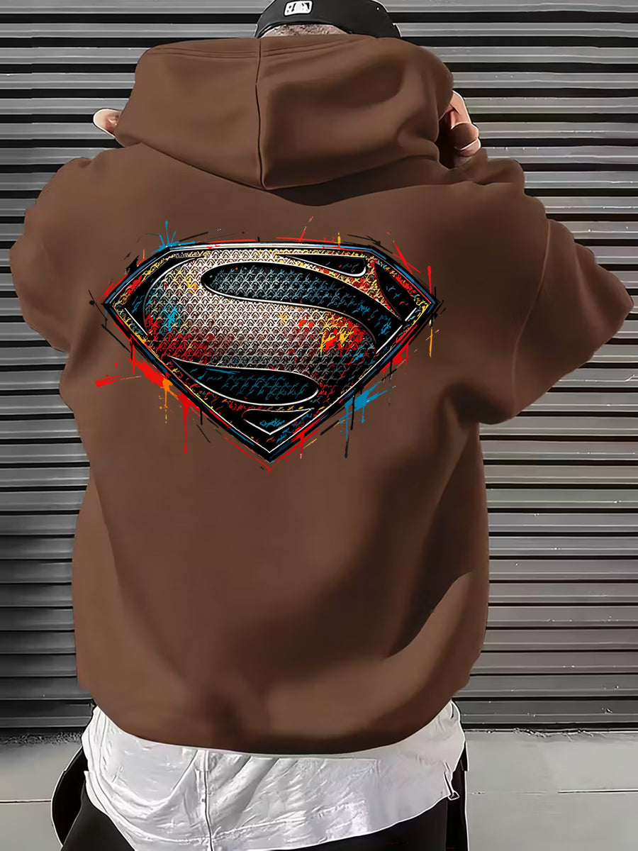 WB Men's & Unisex Superman S Logo Hoodie Sweater - Official Licensed Plush Hooded with Iconic Superman Print, Adjustable Drawstring Hood, Loose Fit for Winter Warmth, Machine Washable Casual Apparel Suitable for Autumn - Coffee Brown