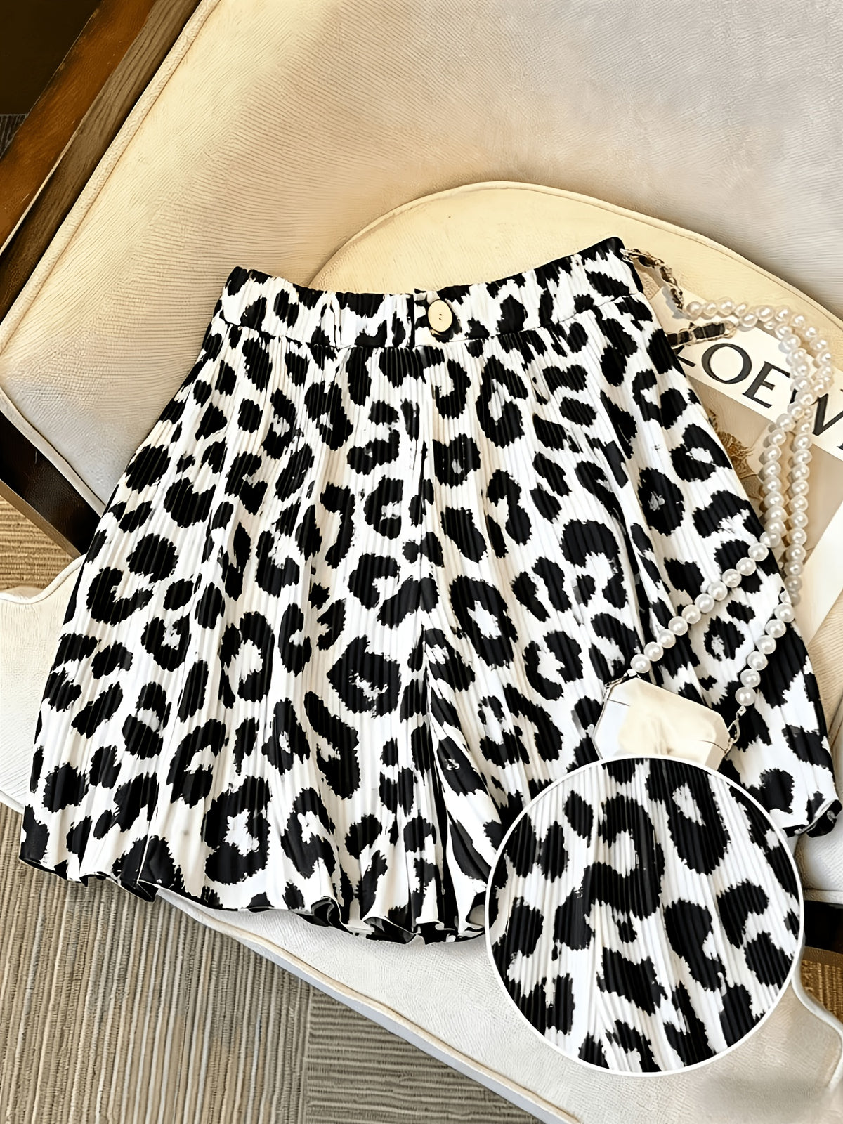 Summer Retro Leopard Print Pleated Wide-Leg Shorts Women High-Waisted Versatile Casual A-Line Pleated Hot Pants YYTT - Multicolor