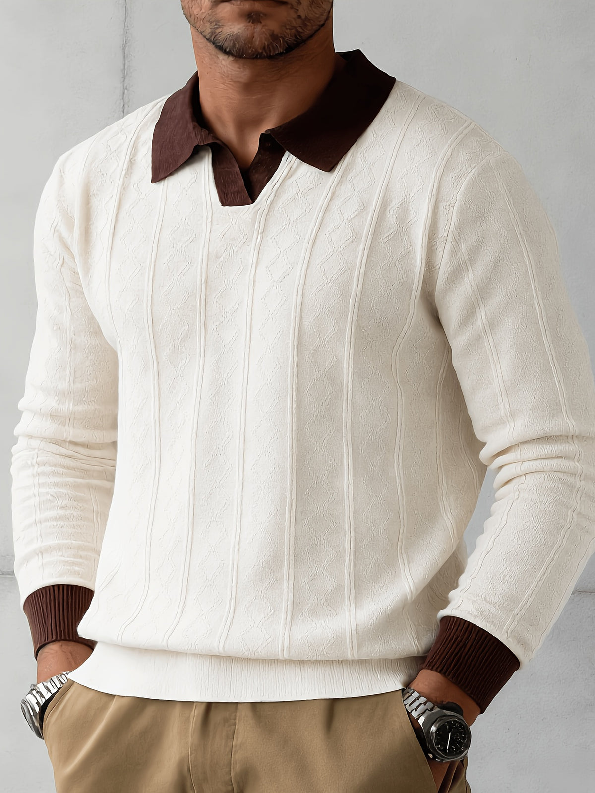 Autumn Winter New Men'S Polo Sweater Jacquard Knit Long Sleeve Contrast Collar Pullover Top, Suitable for Office Commute, Golf - Apricot