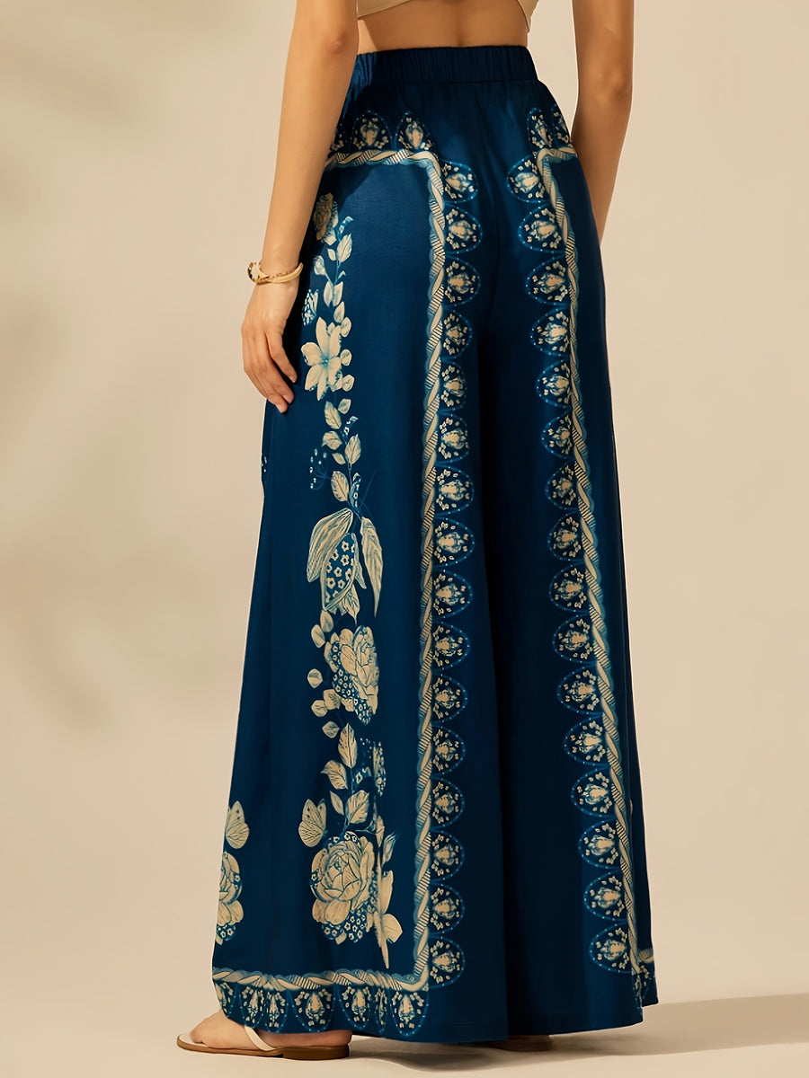 Women's Wide-Leg Pants for Spring, Summer, and Autumn, Floral Print with Drape, Versatile for Vacation and Daily Wear, Casual Fashion Trousers - Navy Color