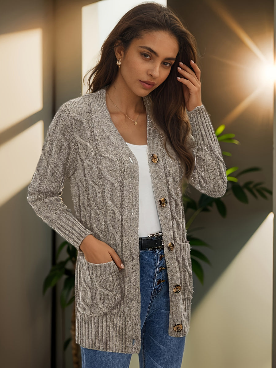 Solid Long Sleeve Cable Cardigan Women'S - Khaki