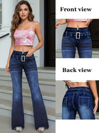 Gleya 2026 New Women'S Blue Washed Stretch Micro-Flare Jeans, Metal Belt Design Creates Retro Details, Flare Leg Shape Modifies Leg Shape, Durable And Not Easy to Loosen Or Fade, Does Not Constrict The Waist Or Crotch, Suitable for Daily Commuting - Medium Blue