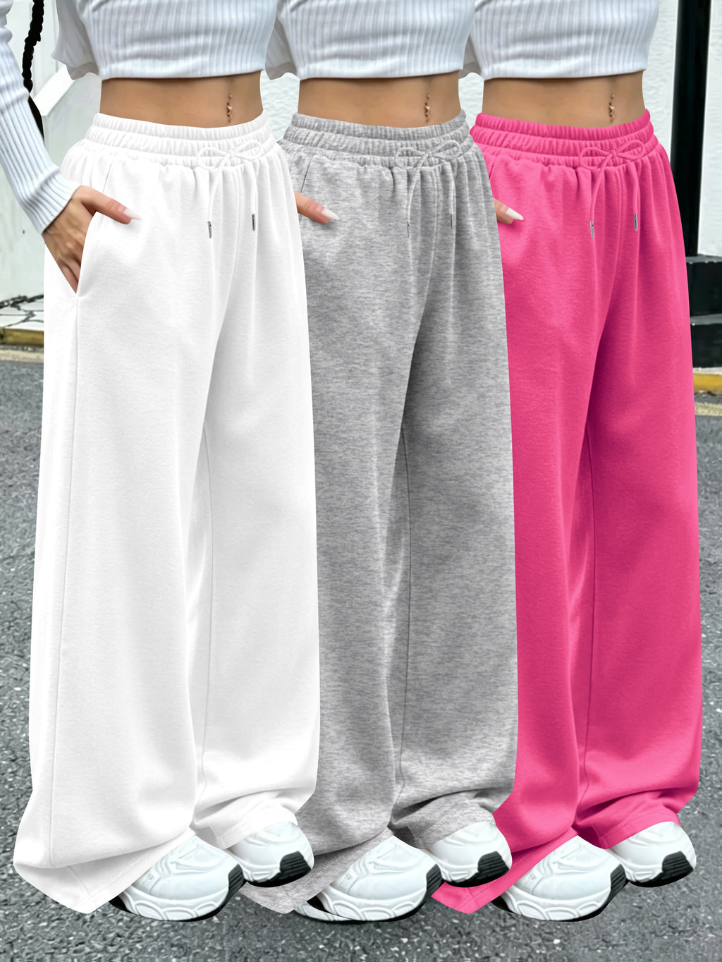 3pcs Women'S Jogging Pants, Elastic-Waistband Wide-Leg Casual Pants with Side Pockets, Light Sweatpants, Suitable for Daily And Formal Wear, Machine-Washable Non-Sheer Fabric, Joggers - White+gray+pink