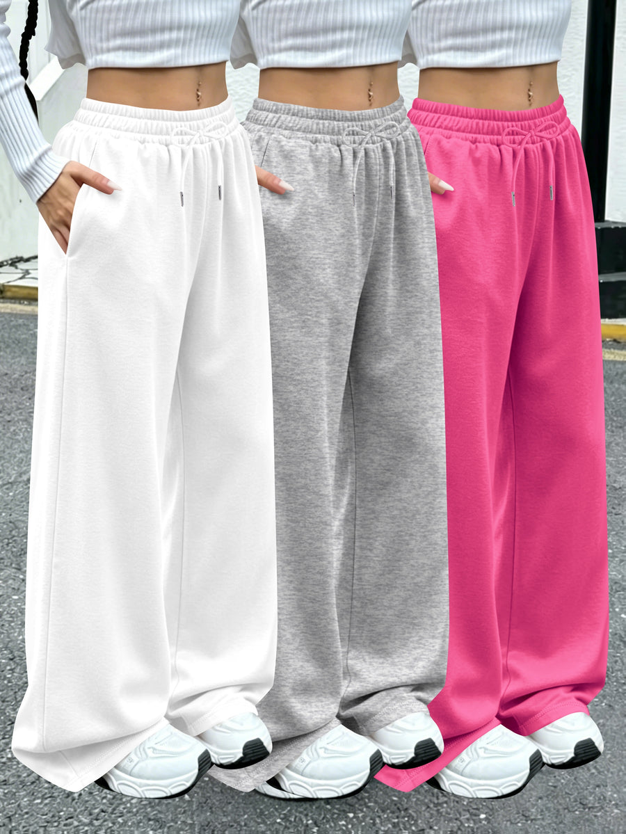 3pcs Women'S Jogging Pants, Elastic-Waistband Wide-Leg Casual Pants with Side Pockets, Light Sweatpants, Suitable for Daily And Formal Wear, Machine-Washable Non-Sheer Fabric, Joggers - White+gray+pink