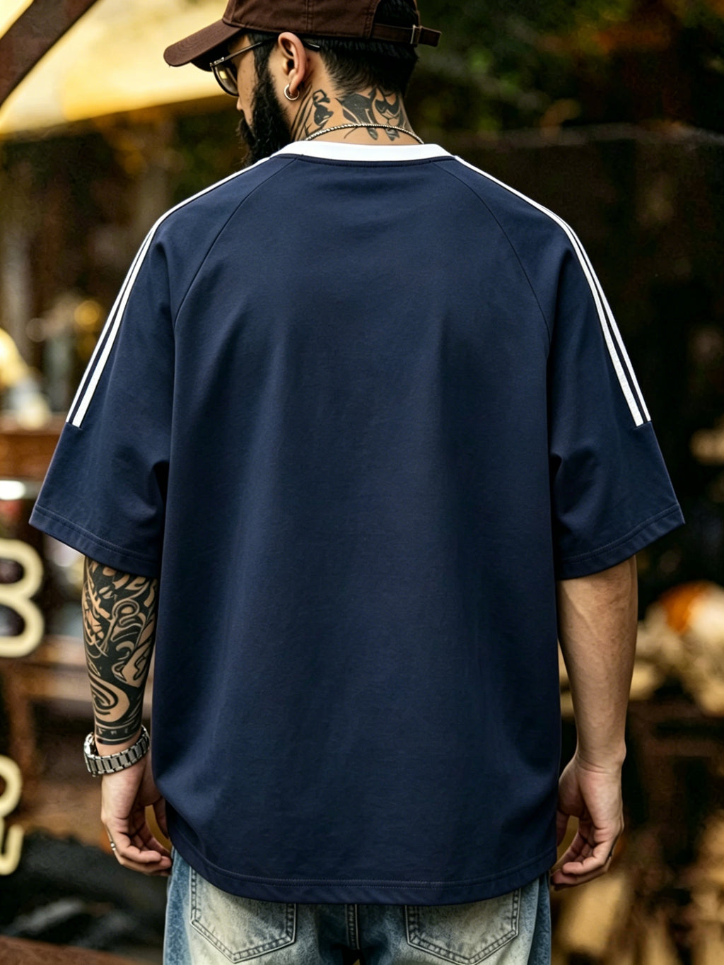 Summer Men'S Striped Street Style T-Shirt Casual Hip-Hop Round Neck Men'S Retro with Print Color-Block Collar Top Athletic Striped Short Sleeve - Navy Color