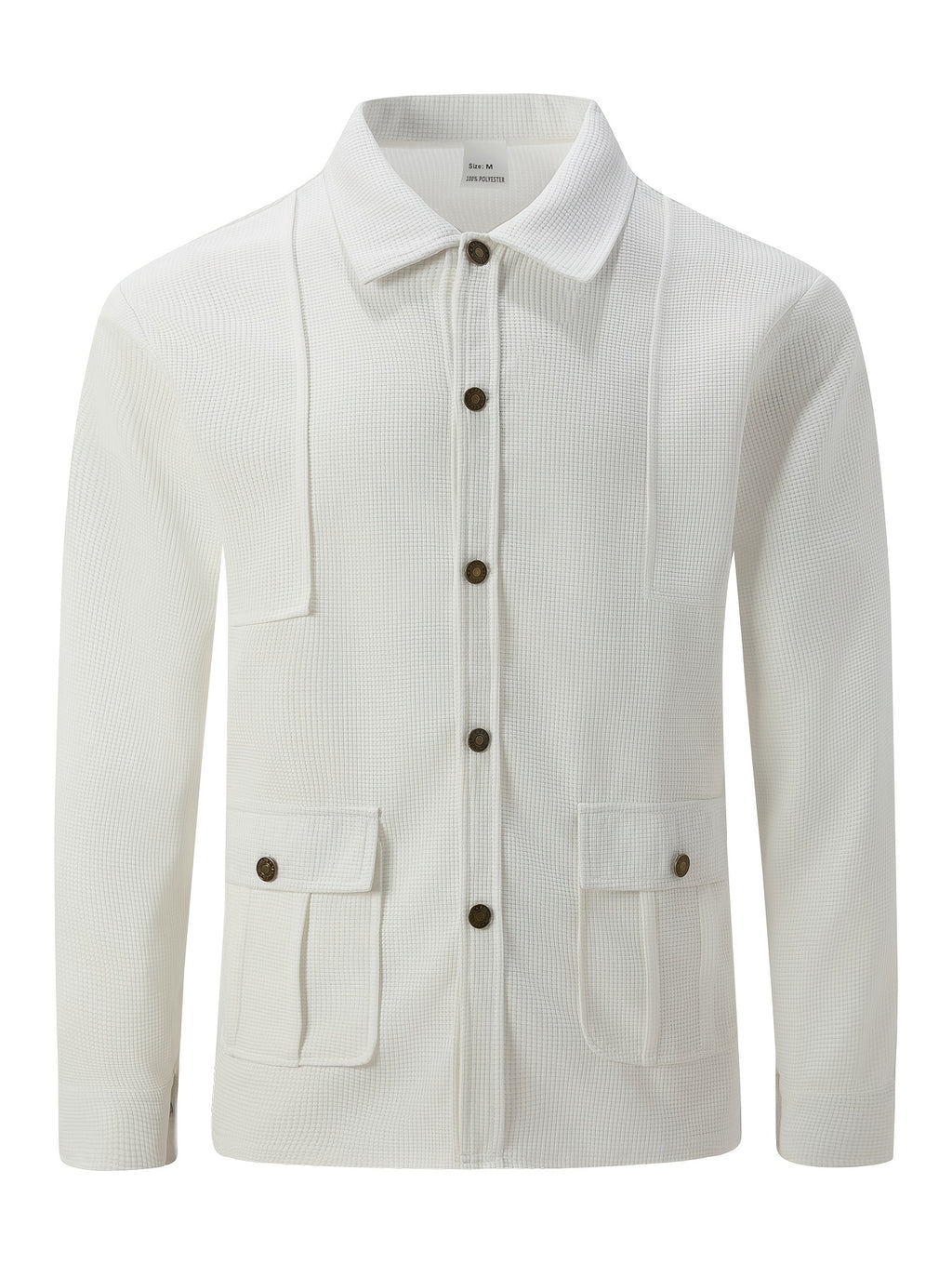 Men'S New Fall Winter Waffle Knit Shirt Jacket with Lapel, Multi-Pocket Button-Front Cargo Jacket - White