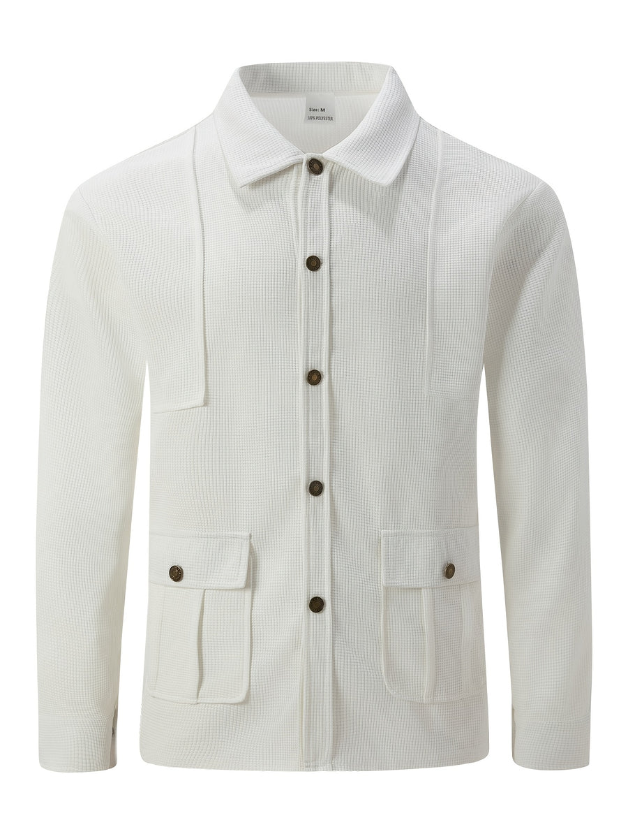 Men'S New Fall Winter Waffle Knit Shirt Jacket with Lapel, Multi-Pocket Button-Front Cargo Jacket - White