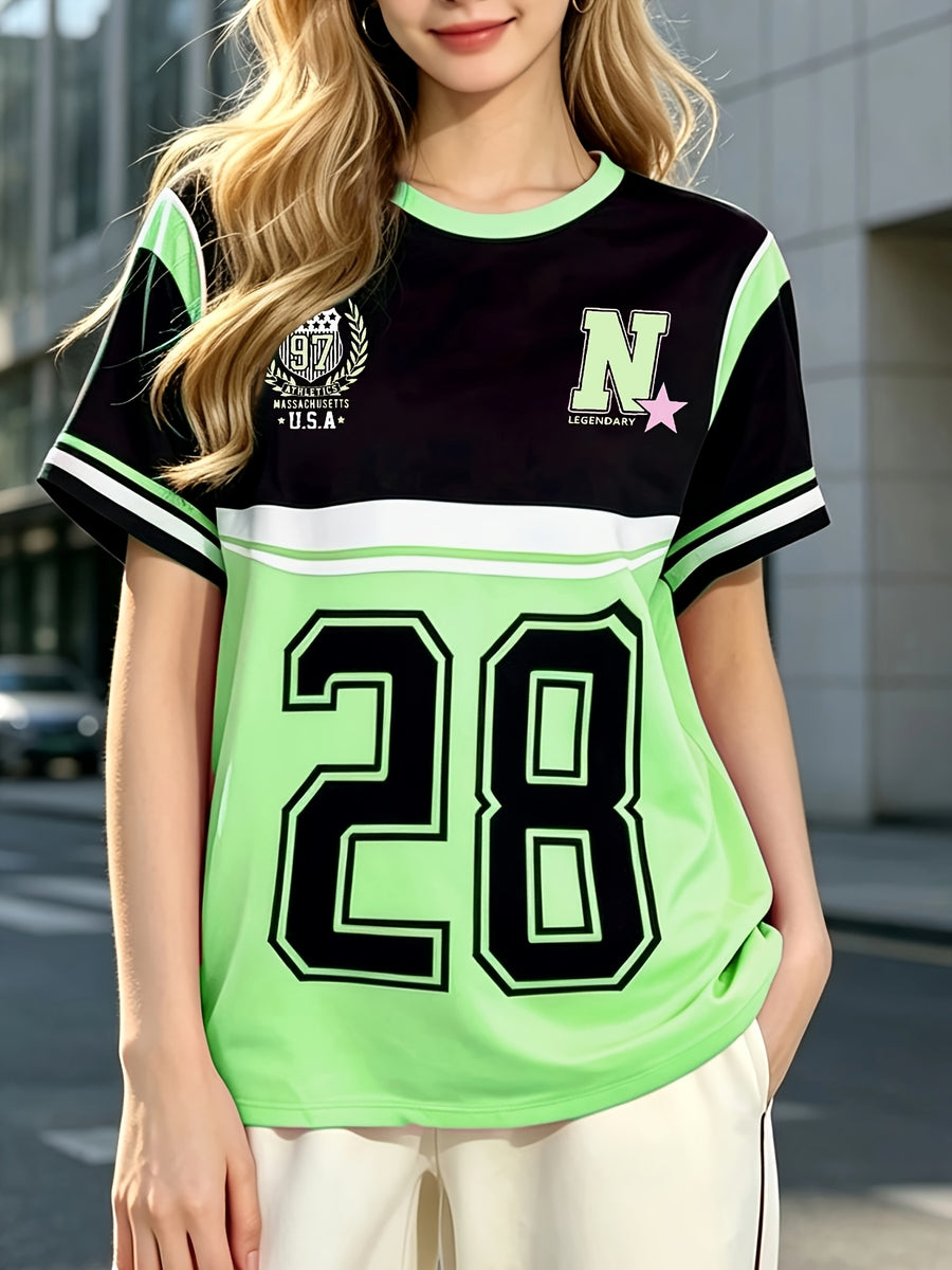 Women's Casual Streetwear T-Shirt with "71.12cm Number and Letter Print, Y College Style Women's Tee, the Best Gift for Friends and Family - Black C
