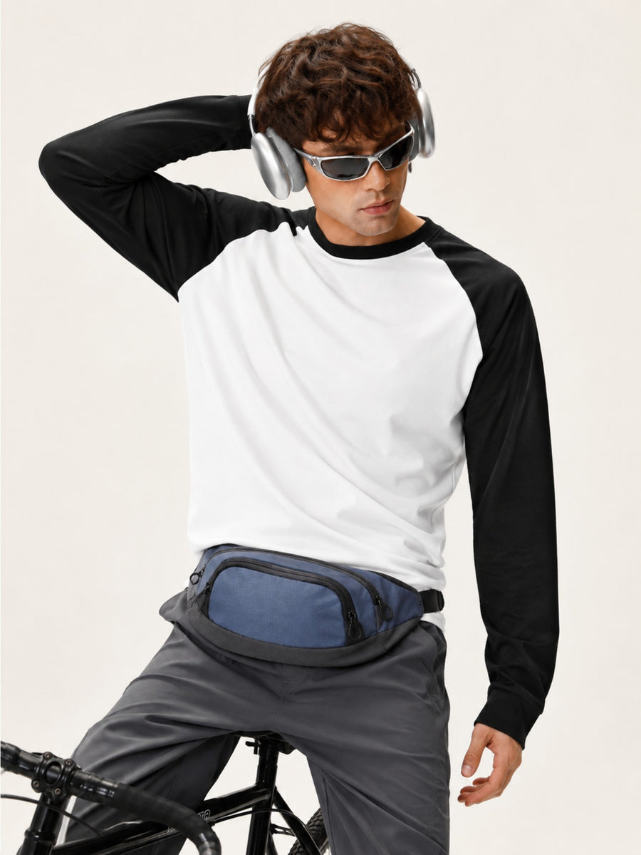 Men'S Long Sleeve Round Neck T-Shirt, a Versatile Color-Block Pullover Top, Men'S Work And T-Shirt, Men'S Top, Casual Work Scene Wear, Applicable for Work Scenes - Black Sleeves + Large White