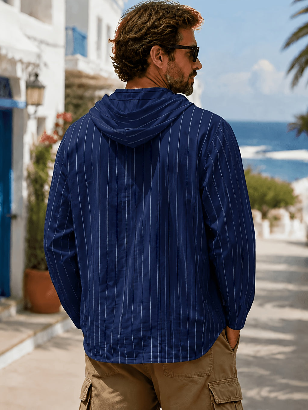 Men'S Vertical Striped Cardigan Trendy Brand Casual Mesh Open Front American Vintage Vertical Striped Hooded Men'S Street Individual Breathable Mesh Contrast Zipper Hoodie European Men'S Light Luxury Vertical Hooded Jacket Trendy Slim Athletic - Navy 1 piece