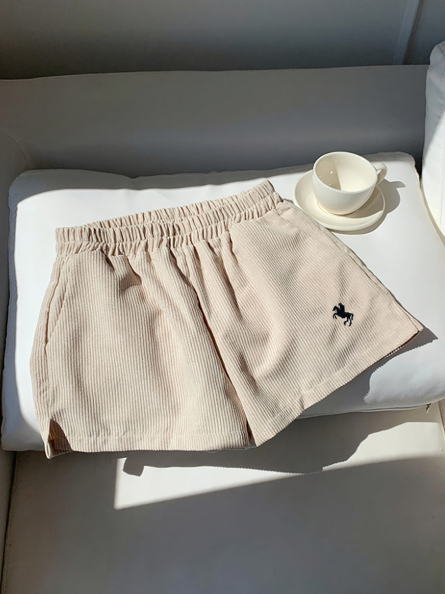 Embroidered Corduroy Shorts for Women | Casual Style, Suitable for All Seasons - Apricot