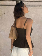 Lace-trimmed Solid Color Spaghetti Strap Top - Coffee Brown