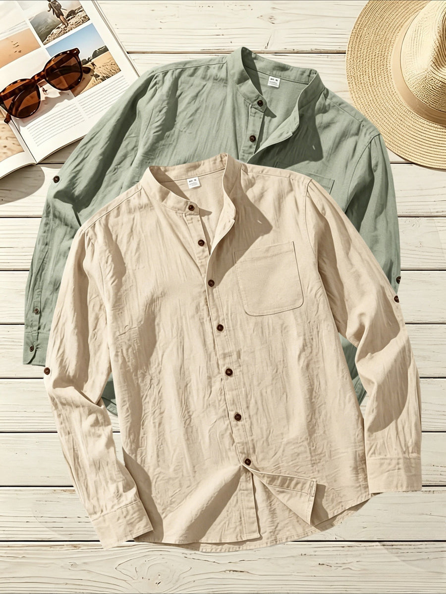 2pcs Men's Linen Fabric Henley Collar Long Sleeve Shirt, Simple Vintage Style, Loose Fit for Spring and Autumn, Multiple Color Options, Suitable for Outdoor Outings, Urban Commuting, and Home Wear, Versatile for Daily Casual and Holiday Occasions - Khaki+Green