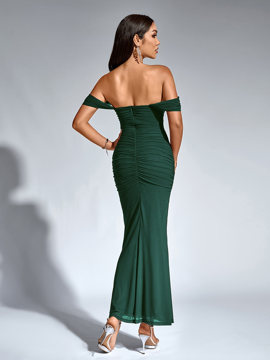 Women's Elegant Off-the-Shoulder mermaid gown - Formal party wedding long dress, Stretchy Bodycon fit, Non-Transparent Party Evening Gown for Women, Formal Attire, Highelasticity Fabric, Special Occasion Dress, High Elasticity Material, Formal Dress - Dark Green