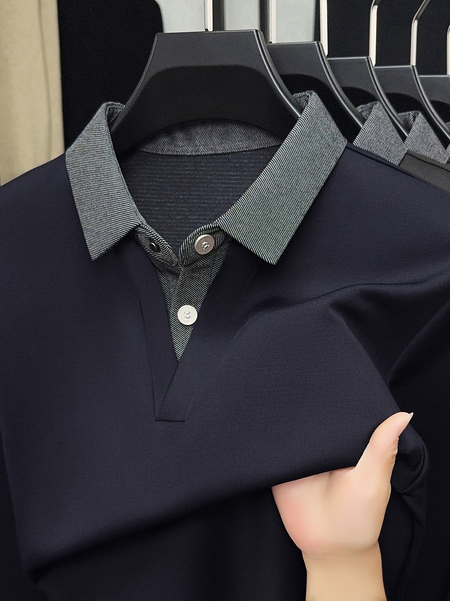 Men's Autumn/Winter 2-in-1 Look Polo Sweatshirt, Pullover Top, Business Casual, Daily Outings, Versatile and Durable, Warm and Comfortable, Ideal Gift Choice - Deep Navy Blue