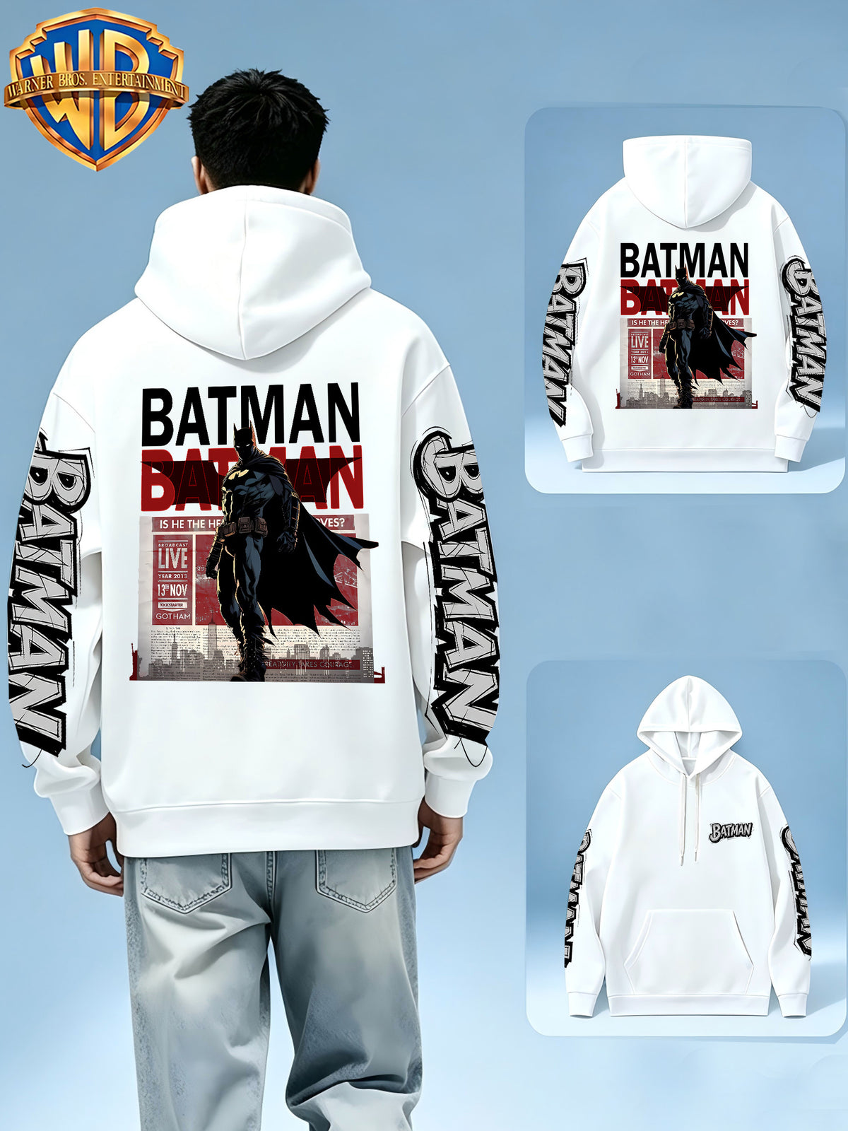 WB Men's. Hooded Sweater Hoodie - Bat-Themed Vintage Print, Loose Fit Hooded Sweater with Iconic WB, Machine Washable Fall/Winter Casual Wear Suitable for, Outdoors & Daily Use - White