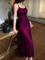 Women's Fashion New Black Sheer Red Strap Hip-Enhancing Dress with Waist Cinching Design, Long Dress - Rose Red