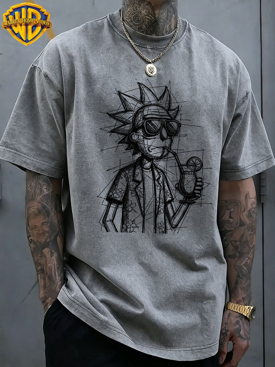 Warner Bros Official Licensed Rick and Morty Themed Vacation Rick Sketch Print, American Retro Washed & Distressed T-shirt, Unisex and Machine Washable, Suitable for Daily Commuting and Outdoor Wear - Grey